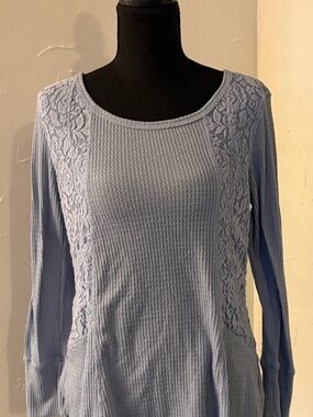 Hannah Light Blue Lace-Trim Waffle Knit Long Sleeve Top
